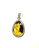 SS Amber Horse Carved Pendant with Rope Twist Outline