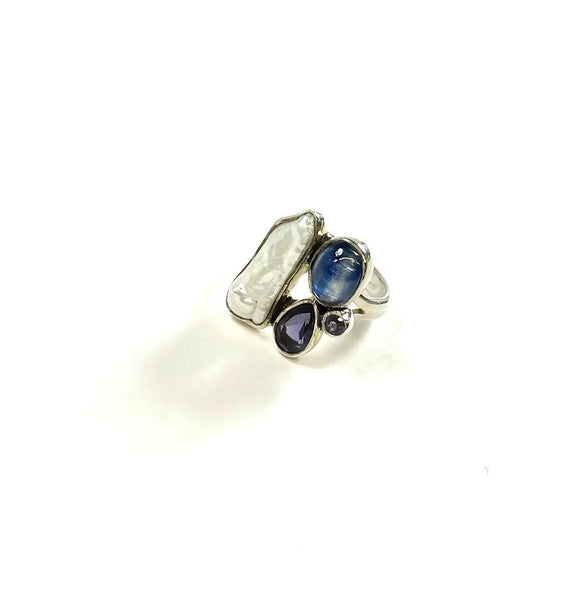 SS Stick Pearl, Kyanite, and Iolite Ring Size 7.75