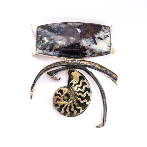 SS Pyritized Ammonite, Rutilated Stone & Abalone Shell Pin/Pendant