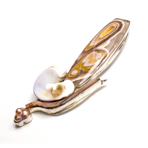SS Crazy Lace Agate, Shell & Pearl Pin/Pendant