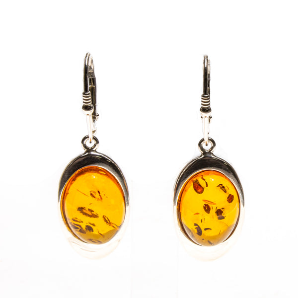 SS Orange Amber Oval Drop Earrings