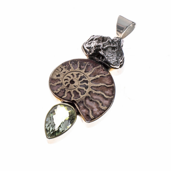 Sterling Silver Meteorite, Pyritized Ammonite, Green Amethyst Pendant