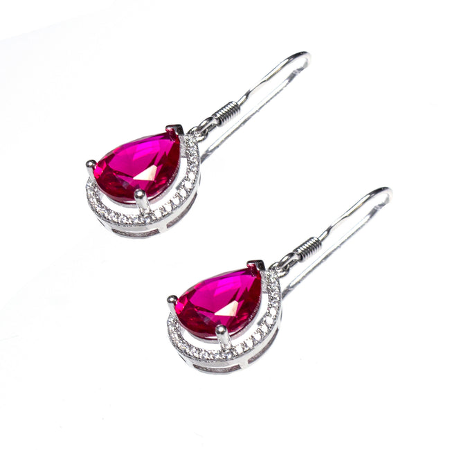 Sterling Silver Created Ruby & CZ Pear Earrings