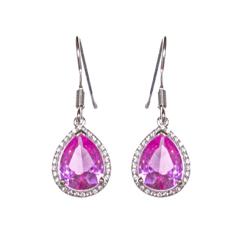 Sterling Silver Created Pink Sapphire & CZ Pear Earrings