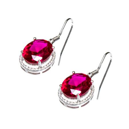SS Created Ruby Oval and Square Dangle Earrings