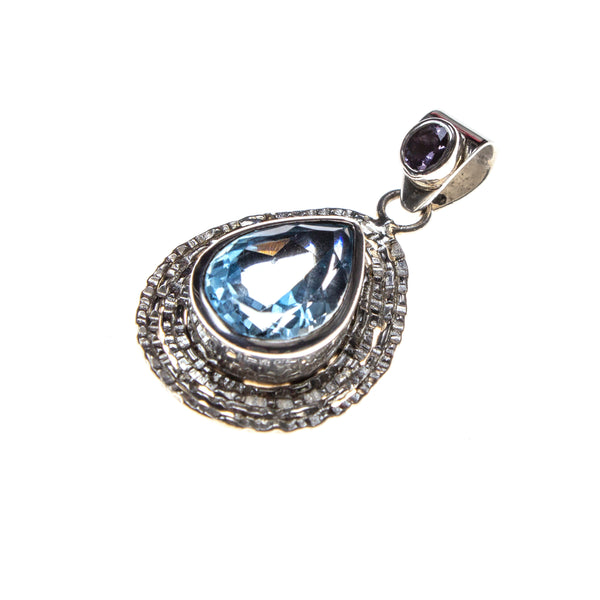 SS  Blue Topaz Hammered Pear Pendant