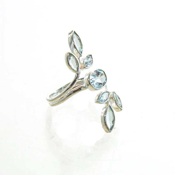 SS Blue Topaz Marquis Leaf Wrap Ring (Size 8)