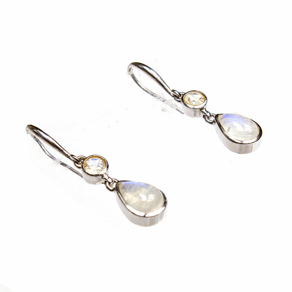SS Rainbow Moonstone 2-stone Pear Dangle Earrings