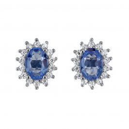 Sterling Silver Blue Quartz & Cubic Zirconia Flower Stud Earrings