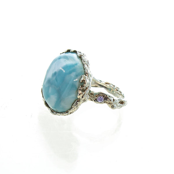 SS Round Larimar Ring with Tanzanite & Textured Setting (Size 7)