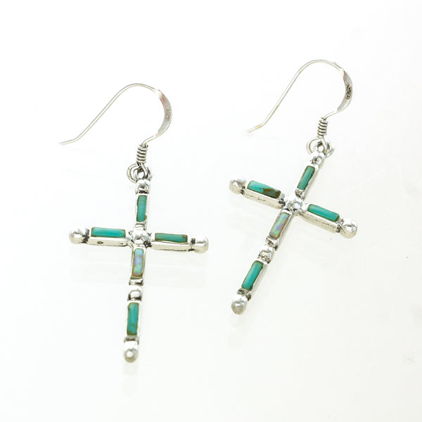 SS Turquoise & Created Opal Inlay Cross Earrings