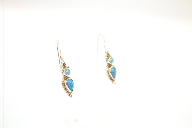 SS Created Opal Pear and Circle Dangle Earrings
