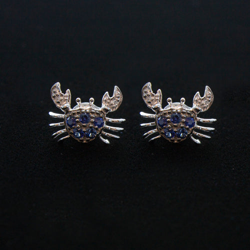 14K White Gold Sapphire Crab Stud Earrings