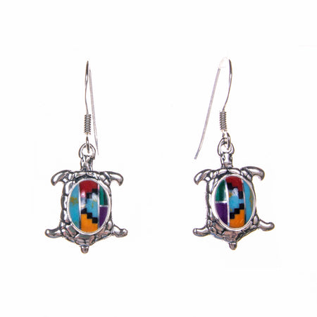 Sterling Silver Round Inlay Turtle Earrings