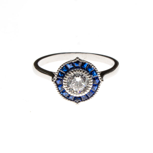 SS Created Sapphire & CZ Pointed Circle Ring