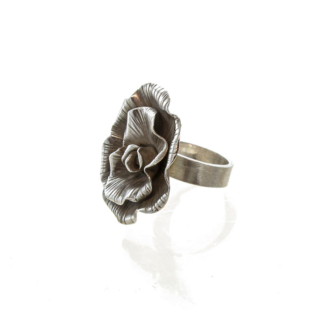 SS Sculpted & Etched Adjustable Flower Ring