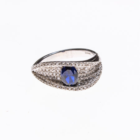 SS CZ & Created Sapphire Stripe Rectangle Ring