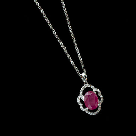Sterling Silver Created Ruby and CZ Oval Necklace