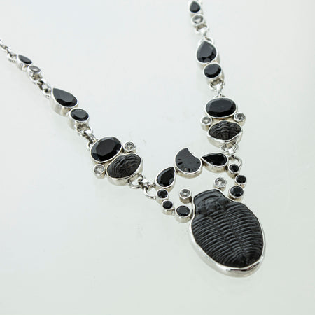SS Obsidian and Druzy Carved Flower Beaded Necklace