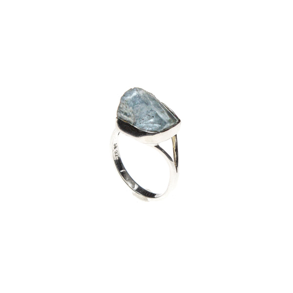 SS Rough Aquamarine Bezel Split Shank Ring (Size 10.5)