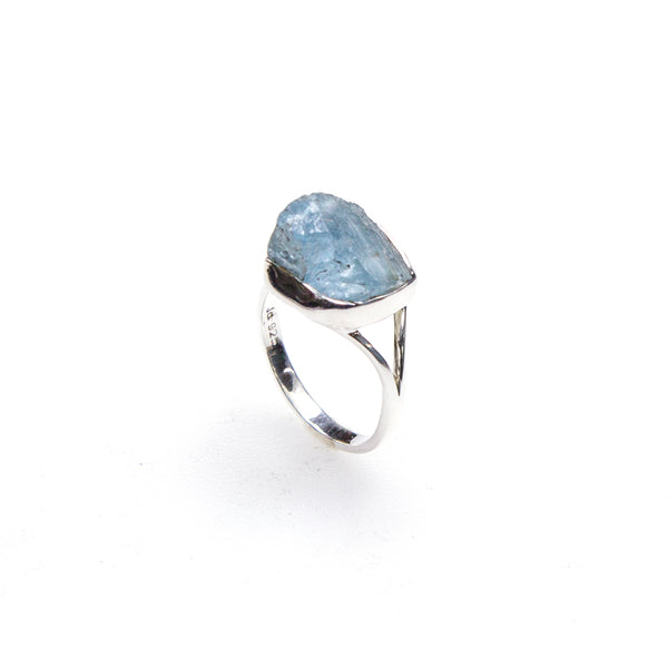 SS Rough Aquamarine Bezel Split Shank Ring (Size 10.5)