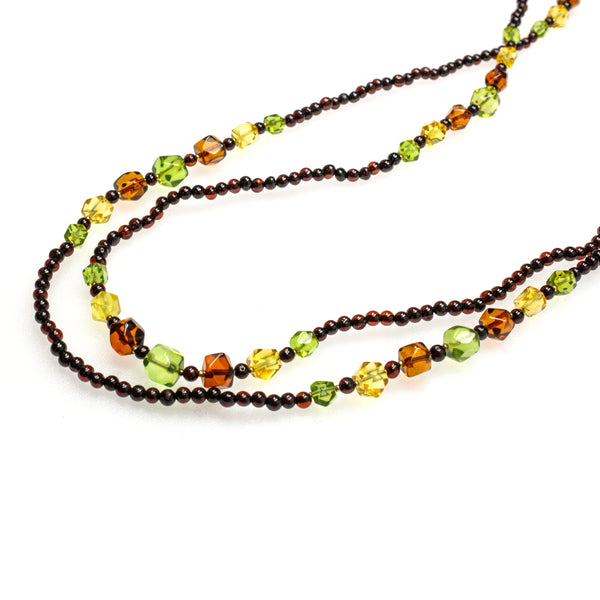 SS Multi-colored Amber Polyhedron Long Beaded Necklace