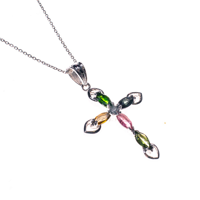 Sterling Silver Chrome Diopside and Tourmaline Cross Necklace