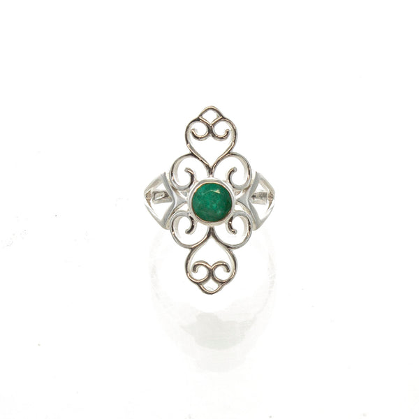 SS Round Emerald Filigree Swirl Ring (Size 7,8)