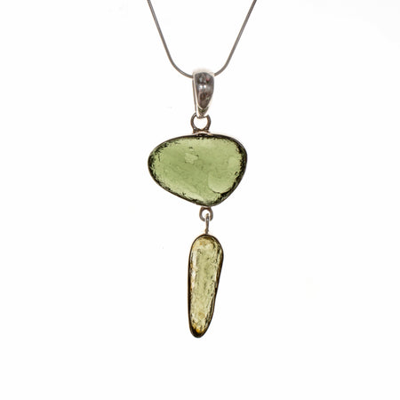 Sterling Silver Moldavite Nugget and Green Amethyst Pendant
