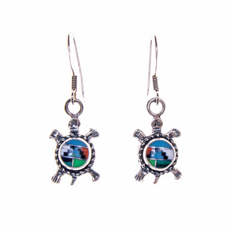 Sterling Silver Round Inlay Turtle Earrings