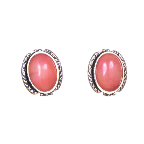 Sterling Silver Salmon Coral Oval Post Earrings