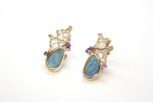 SS 14K Boulder Opal Amethyst Earrings