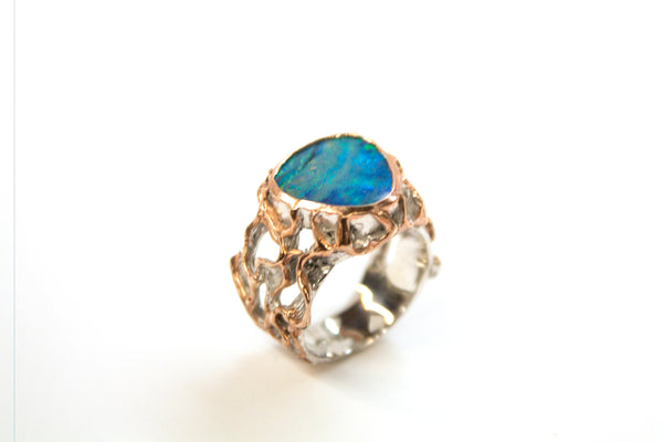 SS 14KR Boulder Opal Branches and Roots Ring Size 6