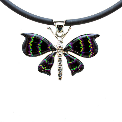 SS Onyx & Created Opal Butterfly Necklace with Rubber Cord