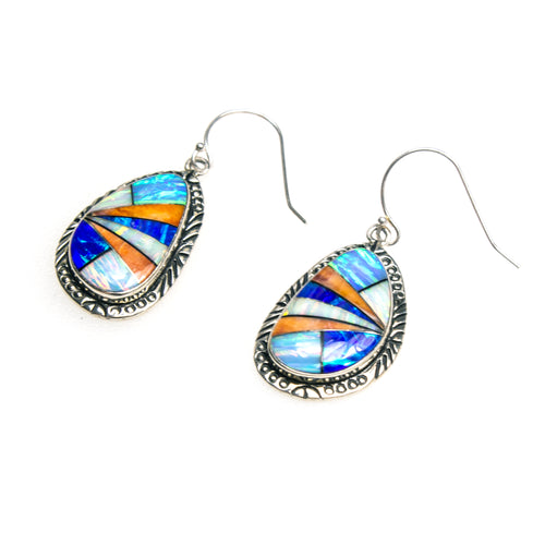 SS Created Opal and Spiny Oyster Shell Inlay Earrings