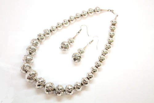 SS Carved Bead Statement Necklace and Earring Set