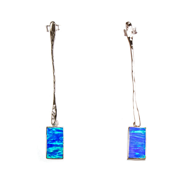 SS Long Hanging Created Opal Rectangle Earrings