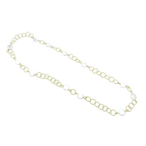 Long Piano Wire Gold Links & Coin Pearls Necklace