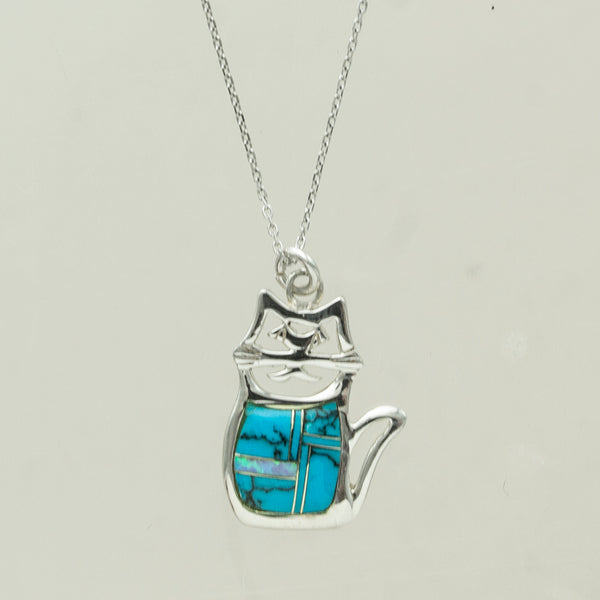 SS Turquoise & Created Opal Cat Necklace