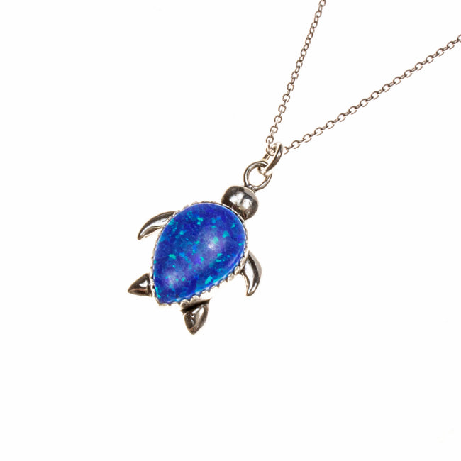 Sterling Silver Created Blue Opal Turtle Necklace