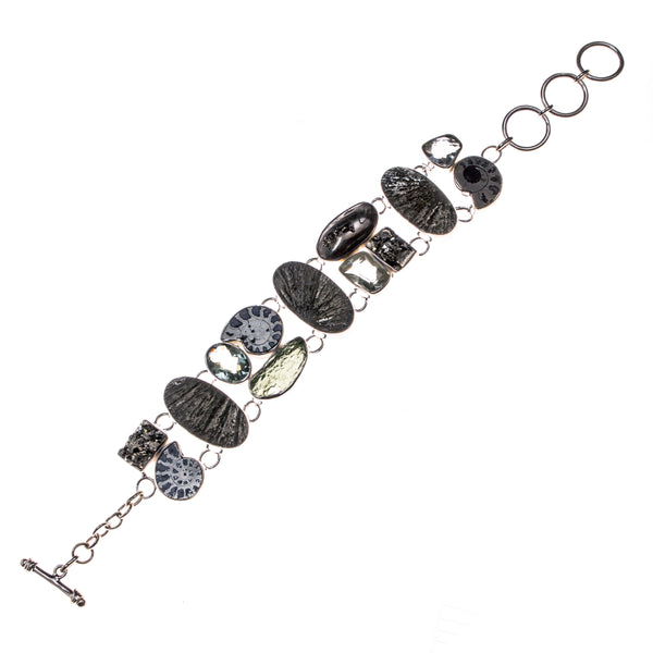 Sterling Silver Pyrite Ammonite and Green Amethyst Toggle Bracelet