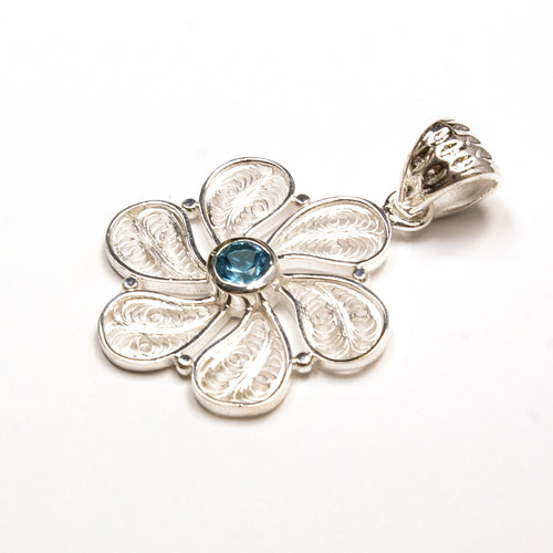 SS Blue Topaz Round Filigree Flower Pendant