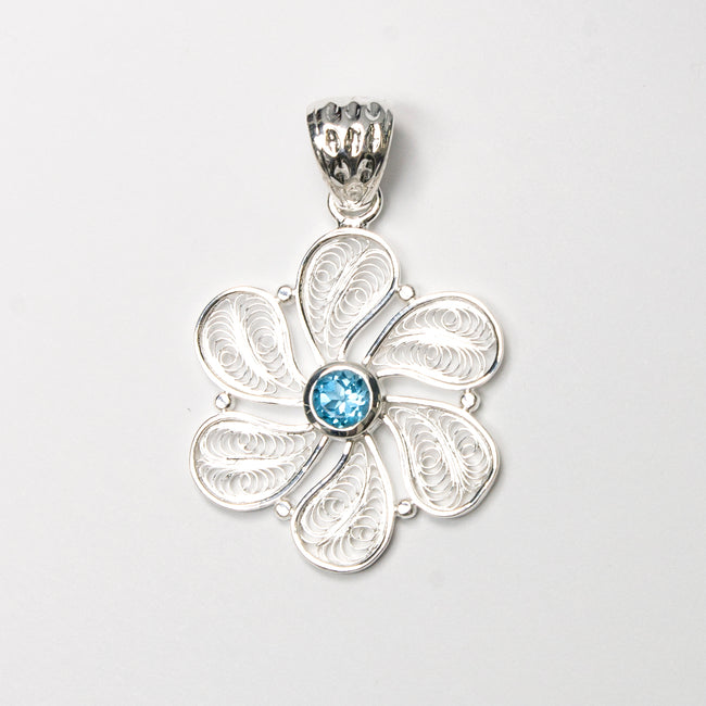 SS Blue Topaz Round Filigree Flower Pendant