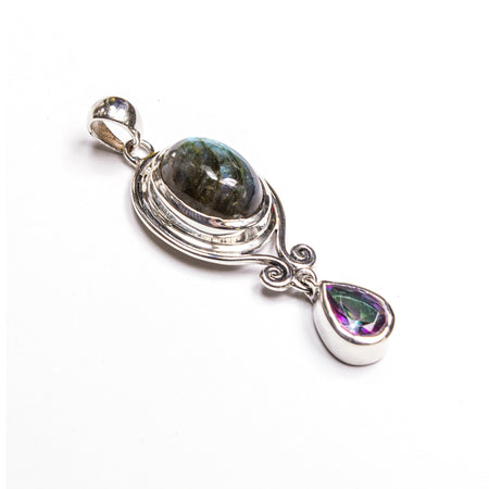SS Oval Rainbow Moonstone Pendant with Bead Accents
