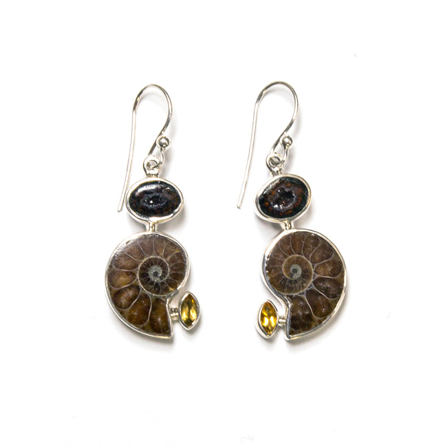SS Geode, Ammonite & Citrine Earrings