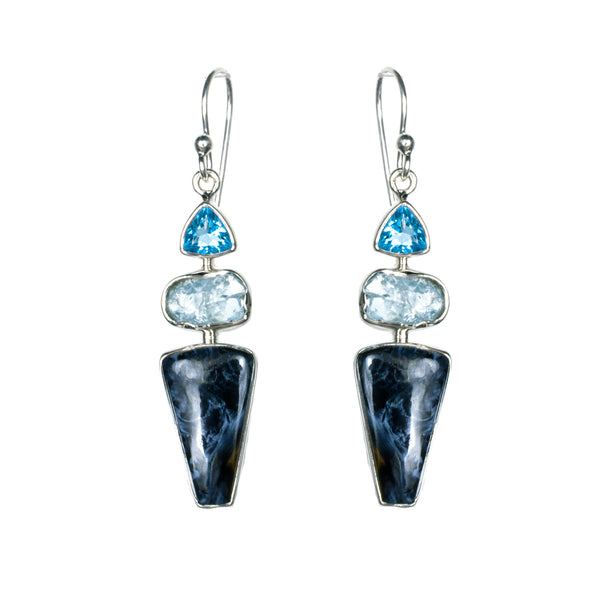 Sterling Silver Pietersite Aquamarine Blue Topaz Dangle Earrings