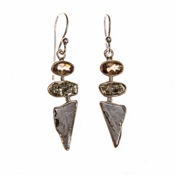 Sterling Silver Meteorite and Smokey Quartz Earrings