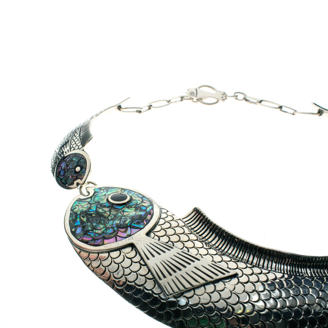 Sterling Silver 3 Abalone Fish Collar Necklace