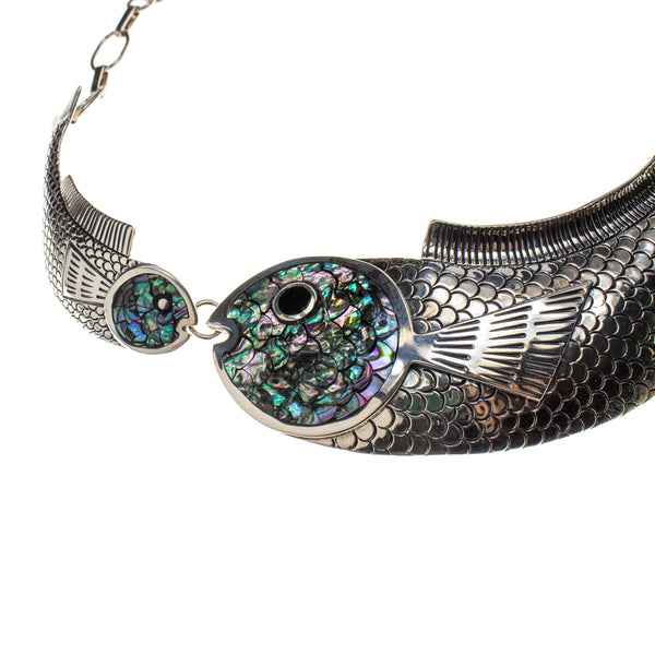 Sterling Silver 3 Abalone Fish Collar Necklace