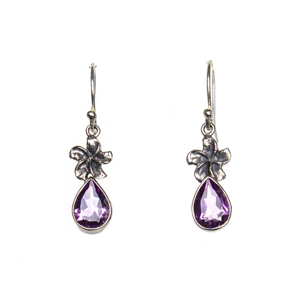 SS Flower & Amethyst Pear Earrings
